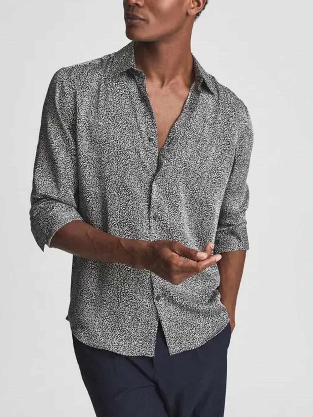 Reiss Men's Blanca Navy Squiggle Print Long Sleeve Button Shirt Size M